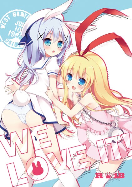 Anime picture 1500x2133 with gochuumon wa usagi desu ka? saki white fox kafuu chino amae koromo hoshi (snacherubi) long hair tall image looking at viewer blush open mouth blue eyes light erotic blonde hair white background multiple girls holding animal ears blue hair ass