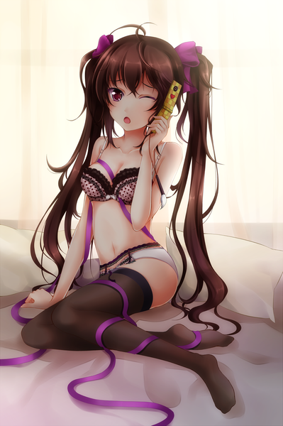 Anime picture 1721x2587 with touhou himekaidou hatate qiuzhi huiyi single long hair tall image highres open mouth light erotic black hair red eyes sitting twintails one eye closed wink girl thighhighs navel underwear panties