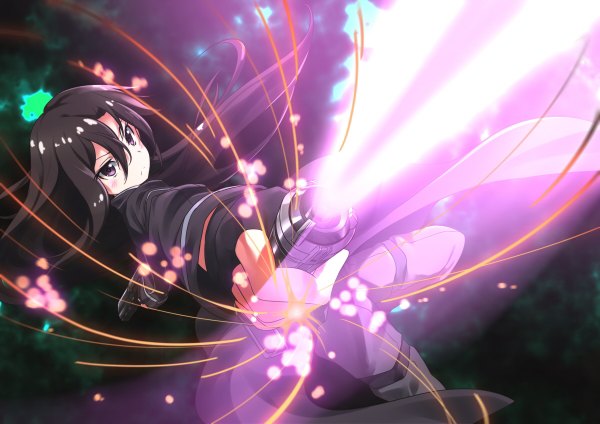 Anime picture 1200x848 with sword art online a-1 pictures kirigaya kazuto tagme (artist) single long hair blush fringe black hair holding black eyes fighting stance serious glow angry glowing weapon boy weapon sword gun