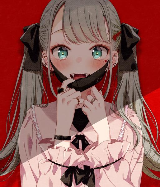 Anime picture 1440x1680 with vocaloid vampire (vocaloid) hatsune miku asagao minoru single long hair tall image looking at viewer blush fringe open mouth simple background twintails upper body blunt bangs aqua eyes grey hair shadow fang (fangs) piercing