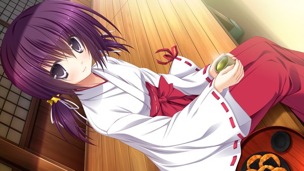 Anime picture 1280x720 with otome wa karen ni koi ni mai! sumegami hazuki suien single long hair blush wide image sitting twintails holding game cg purple hair traditional clothes short twintails miko silver eyes girl food cup senbei (food)