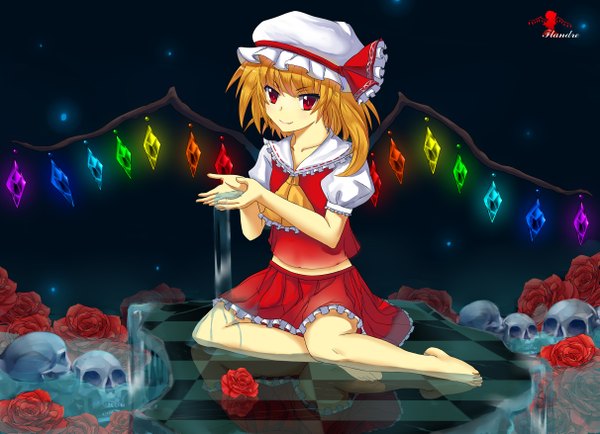 Anime picture 4842x3507 with touhou flandre scarlet tsubasa19900920 single highres short hair blonde hair red eyes absurdres girl dress skirt flower (flowers) wings water bonnet skirt set skull