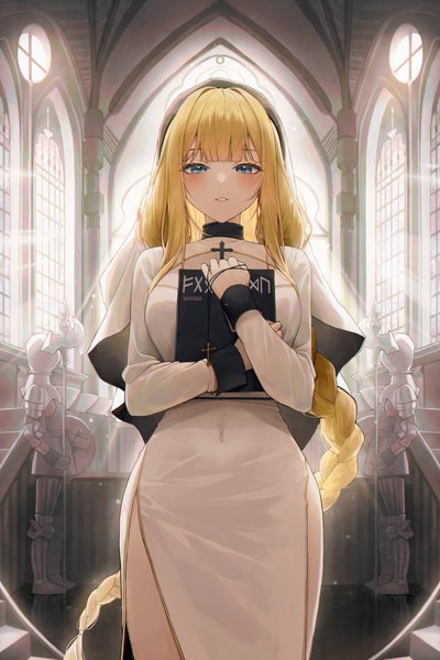 Anime-Bild 3500x5250 mit how to live as a writer in a fantasy world meoyo single tall image looking at viewer blush fringe highres blue eyes blonde hair standing holding absurdres indoors blunt bangs braid (braids) long sleeves very long hair parted lips sunlight