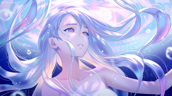 Anime picture 1422x800 with original midori foo single long hair fringe hair between eyes wide image bare shoulders signed blue hair parted lips blurry sleeveless twitter username floating hair looking up girl underwear bubble (bubbles)