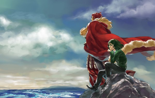 Anime picture 2000x1266 with fate (series) fate/zero type-moon rider (fate/zero) waver velvet ten (artist) highres short hair standing sitting green eyes sky cloud (clouds) red hair green hair from behind boy weapon sword water