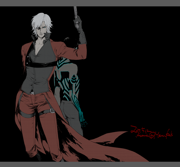 イラスト 1200x1117 と デビル メイ クライ 真・女神転生 shin megami tensei nocturne dante (devil may cry) hitoshura memessa カメラ目線 短い髪 黒髪 simple background white hair arm up aqua eyes multiple boys 刺青 dark skin dated black background back to back 版権クロスオーバー