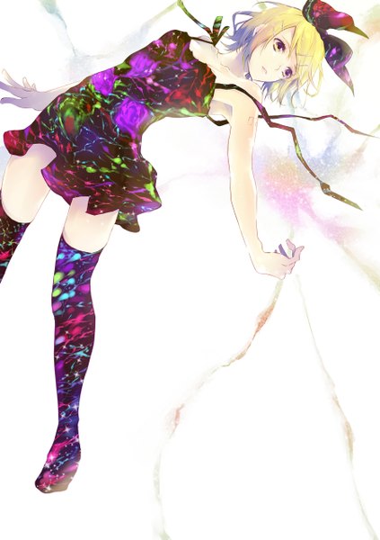 Anime picture 900x1276 with vocaloid kagamine rin mayumelo single tall image short hair blonde hair white background bare shoulders yellow eyes looking away tattoo zettai ryouiki messy hair girl thighhighs dress bow hair bow