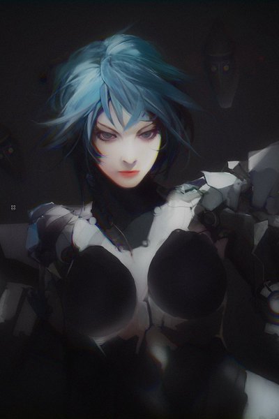 Anime picture 935x1400 with original plusnine single tall image short hair blue eyes blue hair lipstick portrait pale skin red lipstick anaglyph girl