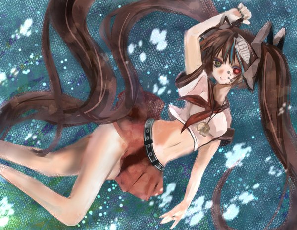 Anime picture 1430x1110 with vocaloid hatsune miku fringe smile brown hair twintails lying very long hair legs heterochromia girl skirt navel hair ornament belt pendant