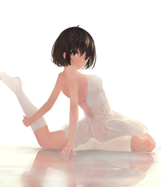 Anime picture 1766x2048 with original kisei2 single tall image looking at viewer fringe highres short hair light erotic simple background brown hair white background sitting bare shoulders brown eyes ahoge bent knee (knees) arm support no bra no shoes