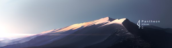 Аниме картинка 3840x1080 с оригинальное изображение arukiru высокое разрешение широкое изображение небо текст горизонт гора (горы) без людей английский текст анаглиф живописный dualscreen солнце