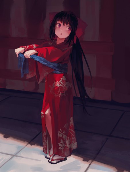 Anime picture 907x1200 with omamori himari zexcs noihara himari noccu single long hair tall image blush fringe open mouth black hair standing purple eyes holding payot looking away full body long sleeves traditional clothes japanese clothes