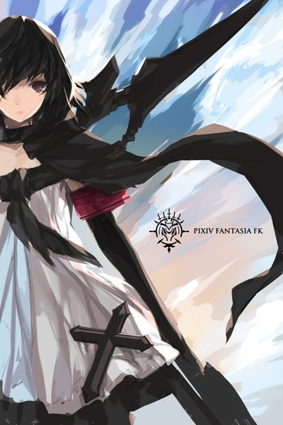 Anime picture 1417x2125 with original pixiv fantasia pixiv fantasia fallen kings paradise (character) swd3e2 single tall image looking at viewer short hair black hair brown eyes cloud (clouds) girl dress gloves weapon sword elbow gloves cape