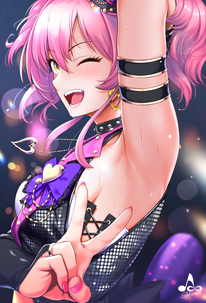Anime picture 1089x1600 with idolmaster idolmaster cinderella girls jougasaki mika infinote single tall image looking at viewer blush fringe short hair breasts open mouth light erotic simple background hair between eyes standing twintails signed pink hair upper body
