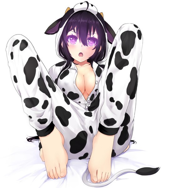 Anime picture 814x904 with original miyaura sanshio beifeng han single long hair tall image blush breasts open mouth light erotic black hair white background purple eyes cleavage barefoot girl pajamas