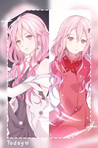 Anime picture 1000x1500 with guilty crown production i.g yuzuriha inori yukilus long hair tall image looking at viewer fringe simple background hair between eyes standing white background purple eyes twintails bare shoulders multiple girls pink hair head tilt pink eyes light smile