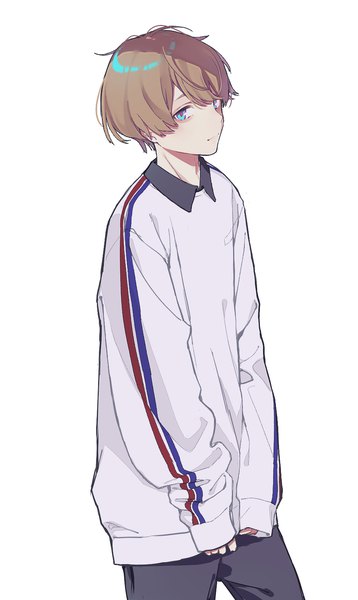 Anime picture 920x1540 with nico nico singer sou (nico nico singer) aiko (aiko 54) single tall image fringe short hair blue eyes simple background brown hair standing white background looking away from above sleeves past wrists boy sweater