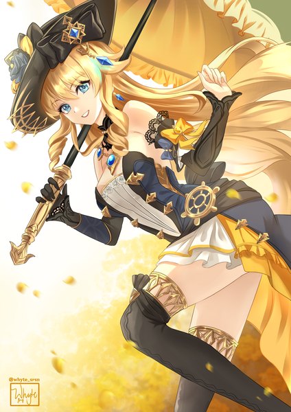 Anime picture 2480x3508 with genshin impact navia (genshin impact) whyte srsn single long hair tall image looking at viewer fringe highres blue eyes light erotic blonde hair smile hair between eyes grin drill hair girl dress gloves hat