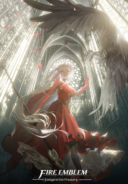 Anime picture 900x1295 with fire emblem fire emblem: three houses nintendo edelgard von hresvelg minty0 single long hair tall image looking at viewer standing purple eyes holding white hair from below copyright name character names alternate hairstyle architecture girl dress