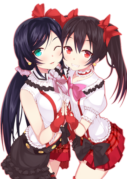 Anime picture 800x1131 with love live! school idol project sunrise (studio) love live! yazawa nico toujou nozomi ponkotsu (ayarosu) long hair tall image blue eyes black hair smile red eyes twintails multiple girls one eye closed wink low twintails transparent background girl dress
