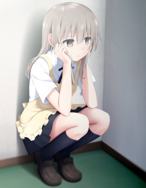 Anime picture 700x900 with working!! a-1 pictures muranushi sayuri haribote (tarao) single long hair tall image fringe hair between eyes looking away full body bent knee (knees) grey hair arm support grey eyes squat waitress hand on cheek girl skirt