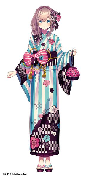 Аниме картинка 600x1200 с виртуальный ютубер nijisanji suzuhara lulu saine один (одна) длинные волосы высокое изображение смотрит на зрителя румянец голубые глаза простой фон улыбка каштановые волосы стоя белый фон всё тело коса (косы) традиционная одежда японская одежда официальный арт