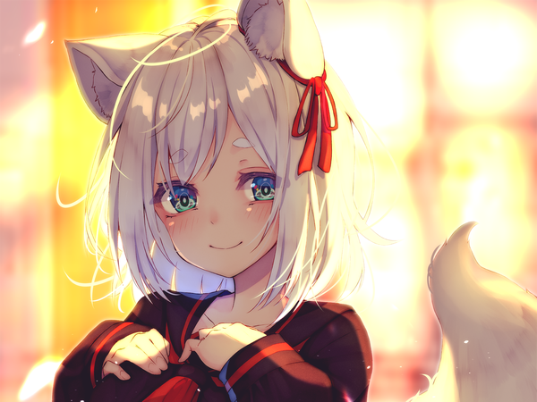 Anime picture 2000x1500 with original chita (ketchup) single looking at viewer blush fringe highres short hair smile animal ears upper body white hair tail animal tail aqua eyes fox ears hand on chest fox tail fox girl eyebrows
