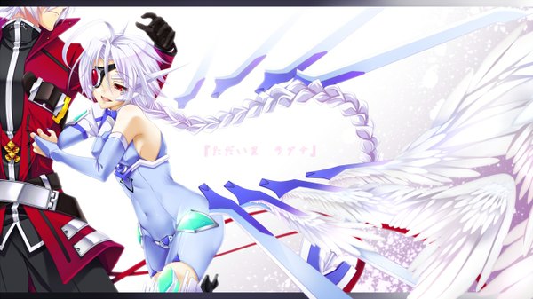 Anime picture 1422x800 with blazblue nu-13 ragna the bloodedge sayo wini blush short hair open mouth light erotic simple background red eyes wide image white background bare shoulders silver hair braid (braids) very long hair inscription hieroglyph mecha musume girl