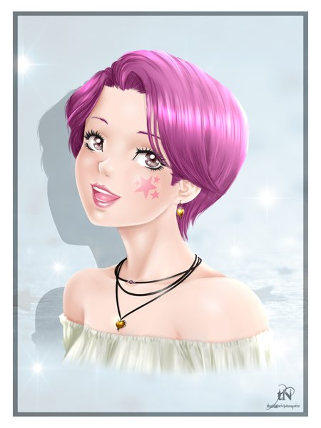 Anime picture 1500x2000 with thenightwishmaster single tall image short hair open mouth smile bare shoulders pink hair lips teeth grey eyes lipstick border pink lipstick girl earrings choker star (symbol)