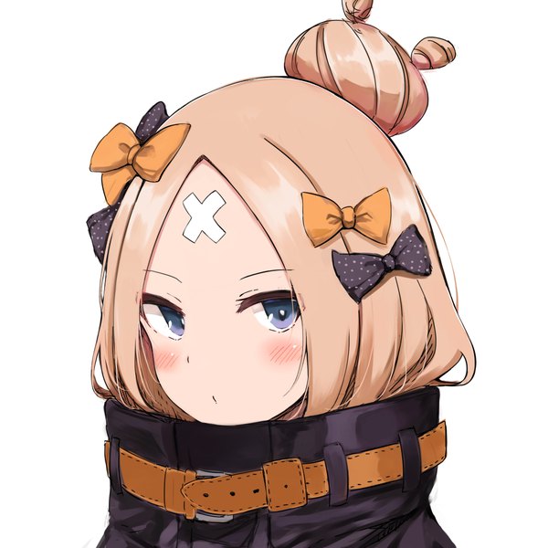 Anime picture 1029x1029 with fate (series) fate/grand order abigail williams (fate) shimejirou (000kk) single long hair looking at viewer blush blue eyes simple background blonde hair white background hair bun (hair buns) portrait bandaid on face heroic spirit traveling outfit girl bow hair bow bandaid