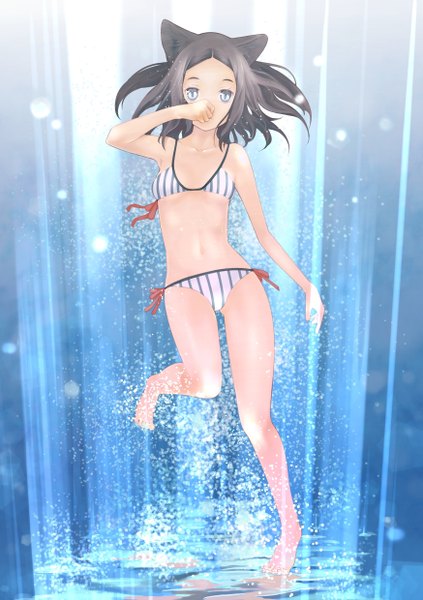 Anime picture 1748x2480 with original single tall image highres short hair black hair animal ears cat ears grey eyes girl swimsuit bikini striped bikini