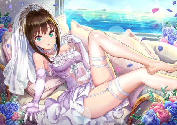 Anime picture 1414x1000 with idolmaster idolmaster cinderella girls idolmaster cinderella girls starlight stage shibuya rin hhama single looking at viewer blush fringe short hair breasts open mouth light erotic smile hair between eyes brown hair bare shoulders payot bent knee (knees) :d