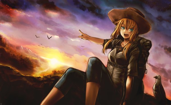 Anime picture 2300x1421 with original kotoba noriaki single long hair looking at viewer highres open mouth blonde hair smile wide image sitting twintails green eyes sky cloud (clouds) dutch angle evening sunset mountain pointing