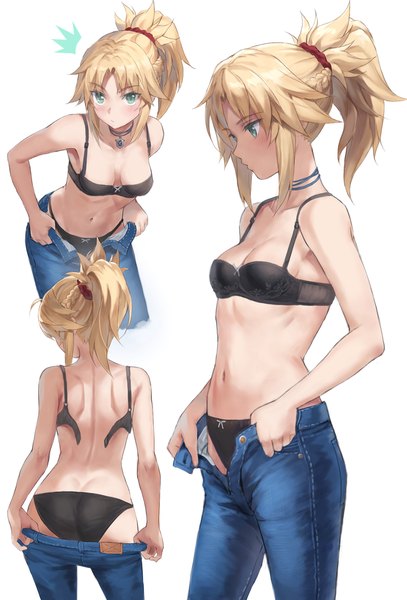 Anime picture 1288x1901 with fate (series) fate/apocrypha mordred (fate) tonee tall image looking at viewer blush short hair breasts light erotic simple background blonde hair white background green eyes looking away leaning undressing multiview panty pull surprised