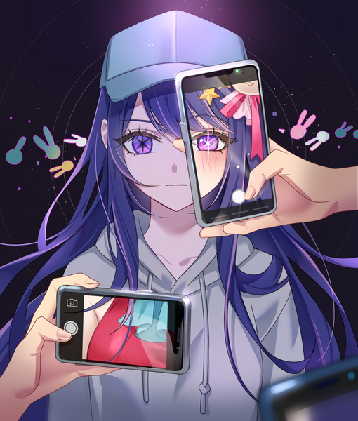 Anime picture 1200x1412 with oshi no ko hoshino ai (oshi no ko) jyuma long hair tall image looking at viewer blush fringe simple background hair between eyes purple eyes purple hair upper body black background solo focus expressionless girl hood mobile phone hoodie