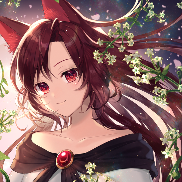 Аниме картинка 857x857 с touhou imaizumi kagerou momoshiki tsubaki один (одна) длинные волосы смотрит на зрителя румянец красные глаза уши животного верхняя часть тела красные волосы наклон головы лёгкая улыбка ветер портрет волчьи уши девушка цветок (цветы) растение (растения) лепестки