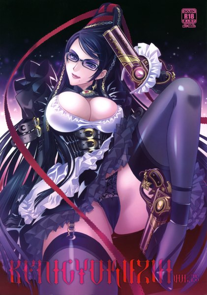 Anime picture 4084x5815 with bayonetta bayonetta (character) carnelian long hair tall image looking at viewer highres breasts light erotic black hair large breasts absurdres inscription legs eyeshadow underbust girl thighhighs underwear panties