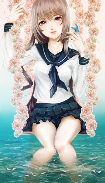 Anime picture 1181x2048 with original yukimasa single long hair tall image looking at viewer purple eyes grey hair butterfly on hand girl skirt uniform flower (flowers) petals water serafuku insect butterfly swing