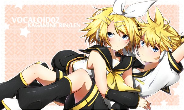 Anime picture 1945x1167 with vocaloid kagamine rin kagamine len sakuragi ren looking at viewer blush highres short hair blue eyes blonde hair wide image inscription couple border reclining outside border twins brother and sister girl boy