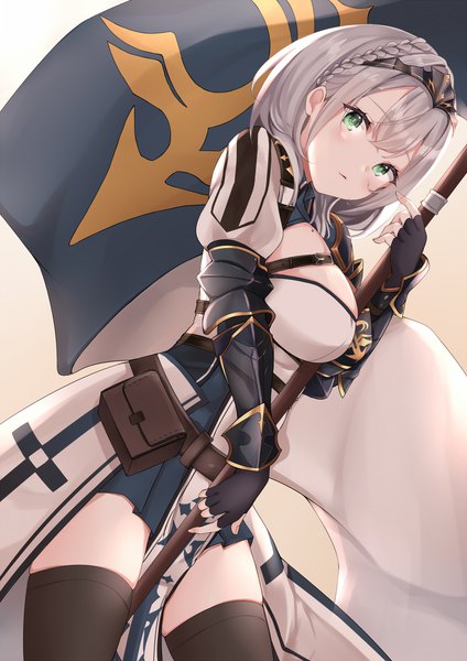 Anime picture 1446x2046 with virtual youtuber hololive shirogane noel shirogane noel (1st costume) roriwanko single tall image looking at viewer short hair breasts light erotic large breasts green eyes silver hair braid (braids) mole skindentation side braid mole on breast girl
