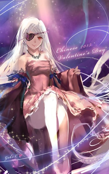 Anime picture 600x960 with gabuccc single long hair tall image looking at viewer smile red eyes bare shoulders signed bent knee (knees) white hair long sleeves lips wide sleeves bare legs magic valentine 2015 girl dress