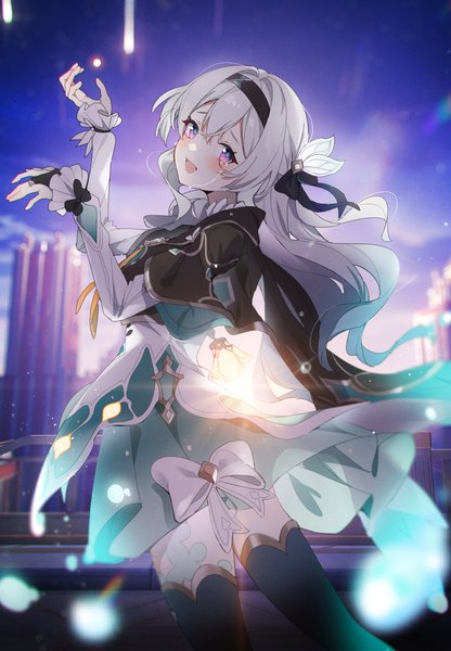 Anime picture 1825x2630 with honkai: star rail honkai (series) firefly (honkai: star rail) rosem lin single long hair tall image looking at viewer blush fringe highres breasts open mouth smile hair between eyes purple eyes sky silver hair outdoors long sleeves