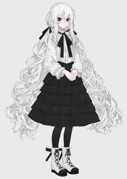 Anime picture 2508x3541 with original rairyuu single long hair tall image looking at viewer fringe highres simple background blonde hair standing twintails payot full body long sleeves very long hair black eyes grey background puffy sleeves low twintails