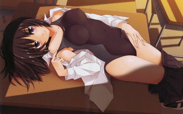 Anime picture 1280x800 with amagami nanasaki ai kamino ryuuya single looking at viewer fringe short hair breasts light erotic brown hair wide image purple eyes nipples lying off shoulder open clothes open shirt classroom girl skirt