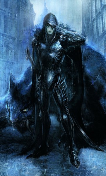 Anime picture 650x1077 with original rupid79 (artist) long hair tall image looking at viewer blue eyes black hair standing green eyes pointy ears night teeth fang (fangs) city rain boy weapon animal sword armor