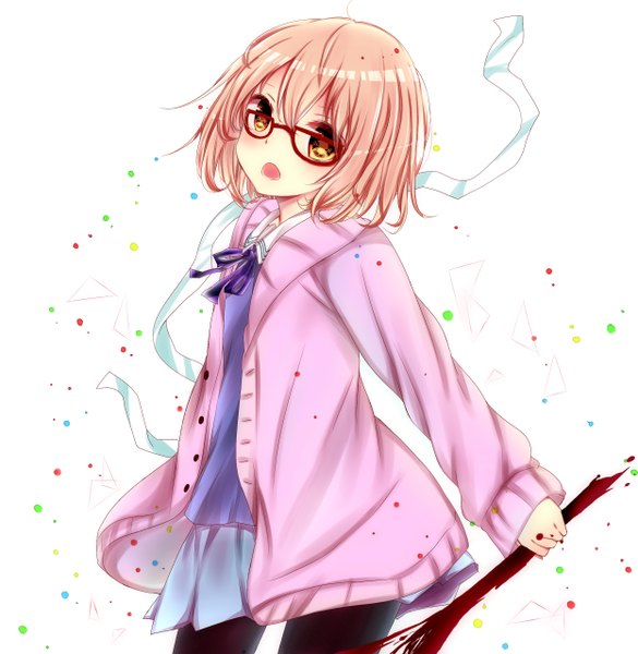 Anime picture 2490x2555 with kyoukai no kanata kyoto animation kuriyama mirai misa (kaeruhitode) single tall image looking at viewer blush fringe highres short hair open mouth blonde hair hair between eyes standing white background yellow eyes girl uniform weapon