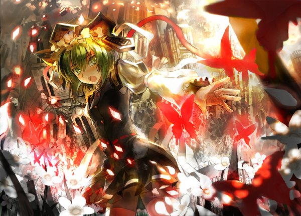 Anime picture 1190x855 with touhou shikieiki yamaxanadu ultimate asuka single short hair open mouth green eyes green hair girl dress flower (flowers) ribbon (ribbons) hat petals insect butterfly castle