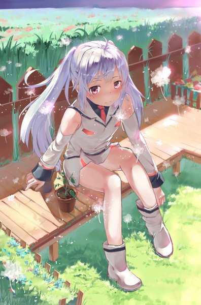 Anime picture 3897x5905 with plastic memories isla (plastic memories) azshang zhongye yu single long hair tall image looking at viewer blush fringe highres sitting twintails bare shoulders payot absurdres sky silver hair ahoge outdoors