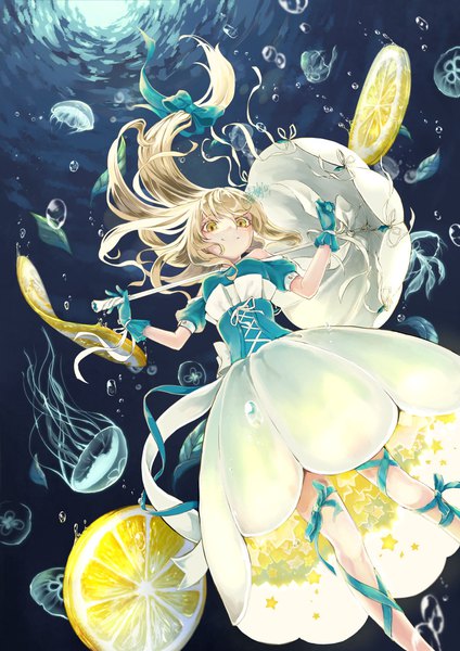 Anime picture 1191x1684 with original canned rose single long hair tall image looking at viewer blonde hair smile yellow eyes from below low ponytail underwater girl dress gloves star (symbol) umbrella fruit parasol lemon