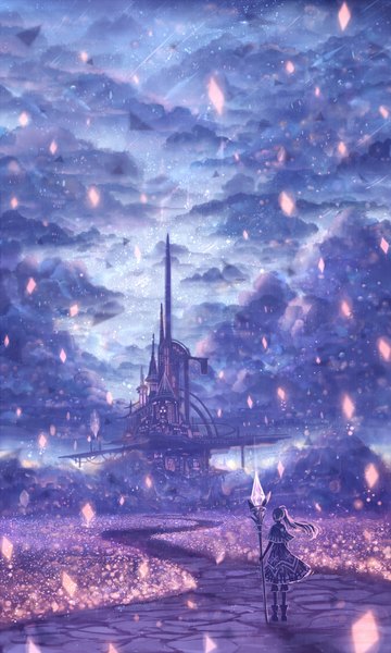 Anime picture 672x1120 with original bounin long hair tall image sky cloud (clouds) ponytail fantasy shooting star girl dress boots star (stars) staff castle